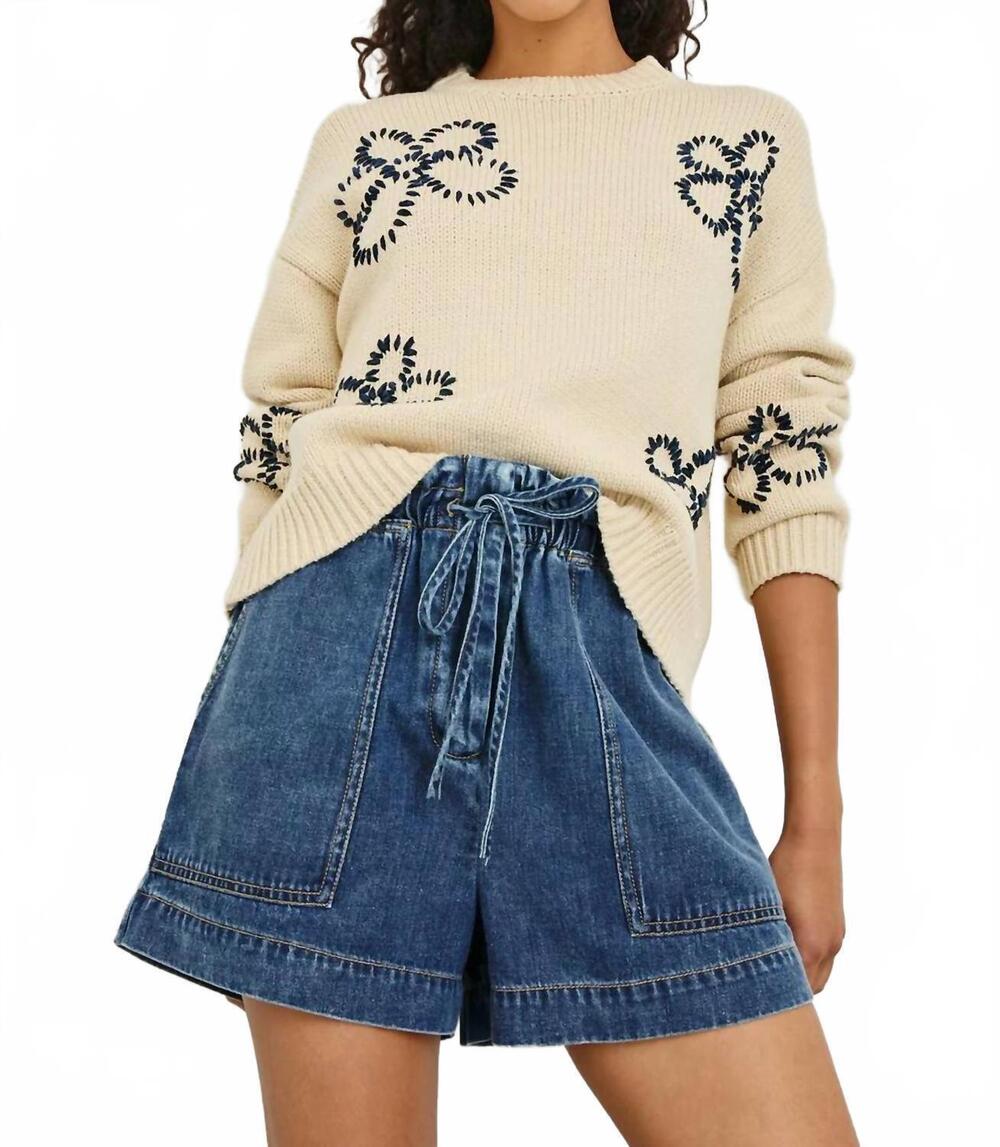 NEW RAILS zoey knit sweater in ivory navy stitched daises